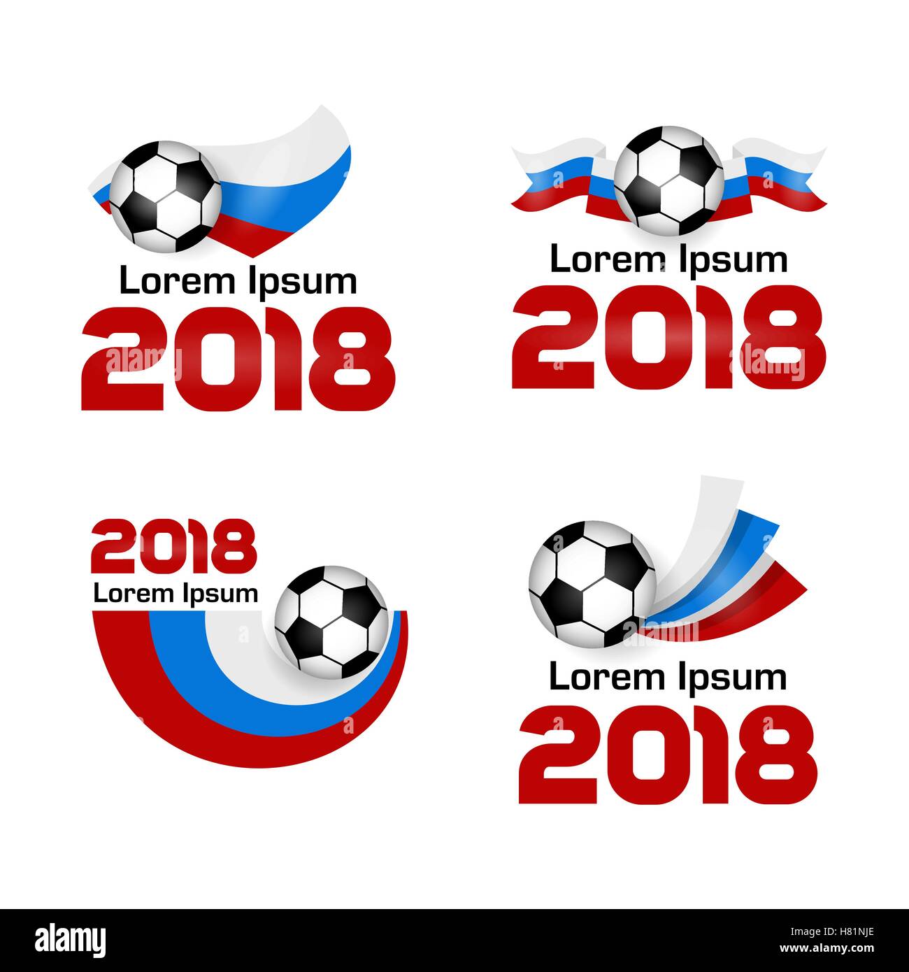 Großes Set Logo Fußball Weltmeisterschaft 2018 in Russland. Poster mit russischer Flagge. Vektor-Illustration. Flache farbige Banner Fußball Stock Vektor