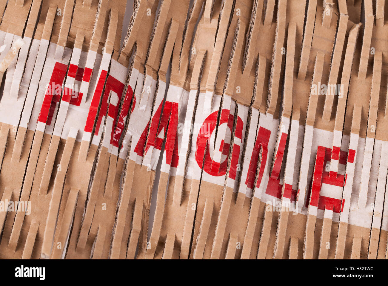 Fragile Bandbezeichnung über zerkleinerte Kartonverpackungen Stockfoto