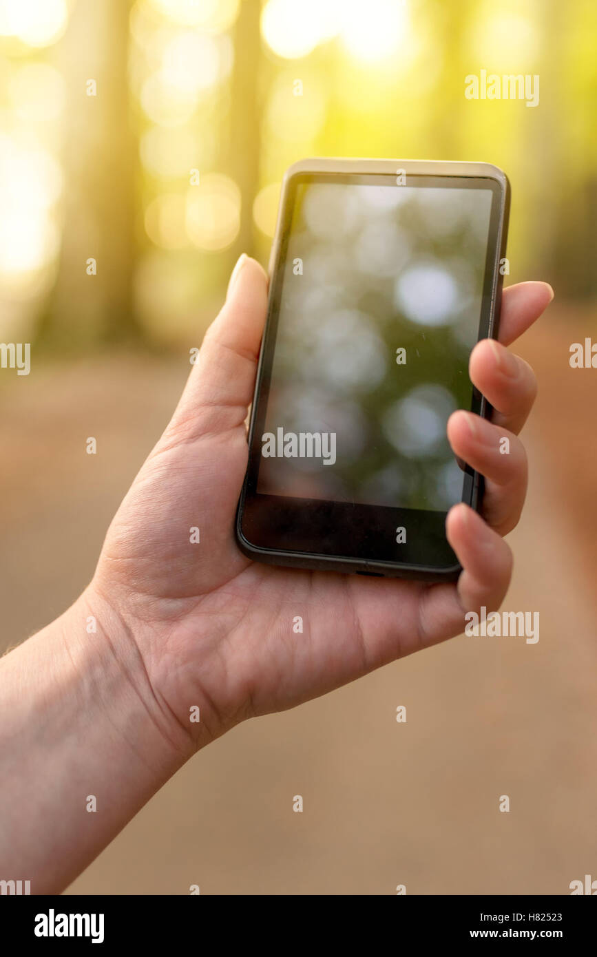 Auf der Suche nach GSM-Signal in den Wald, weibliche Hand halten Handys hoch und versucht, Netzwerk finden Stockfoto