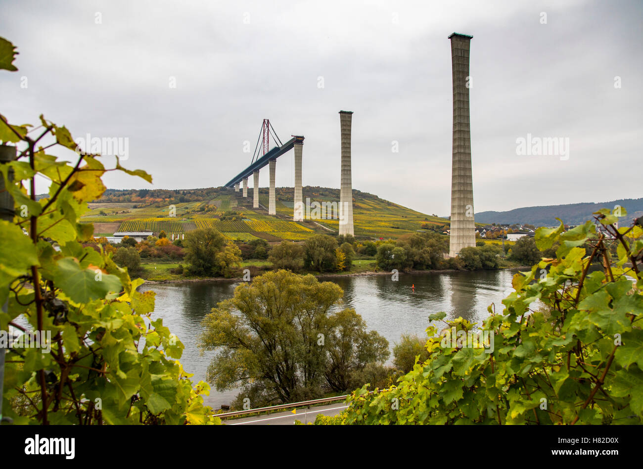 Baustelle der Mosel Talbrücke, eine Straße Brücke über die Mosel in der Nähe der Ortschaft Zeltingen-Rachtig, Stockfoto