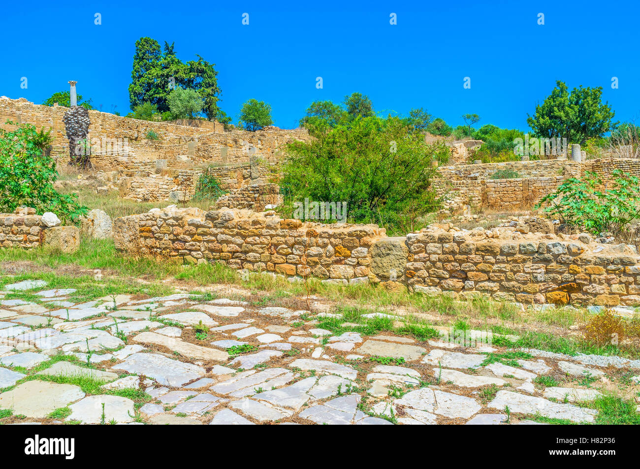 Die erhaltenen Mauern der römischen Villen in archäologischen Stätte von Karthago, Tunesien. Stockfoto