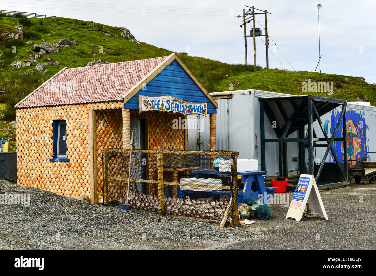 Jakobsmuschel Shack Shell Fischgeschäft, Miavaig, Isle of Lewis Stockfoto