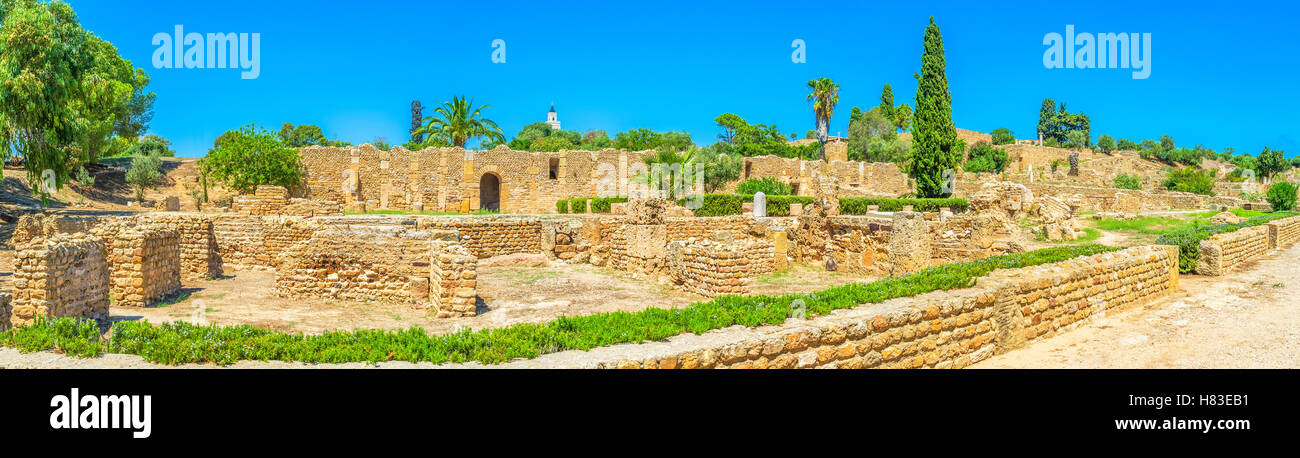 Panorama der Ausgrabungsstätte des römischen Villen mit erhaltenen Herrenhäuser, Naturstein Mosaiken, Statuen und grünen Park, Carthage Stockfoto