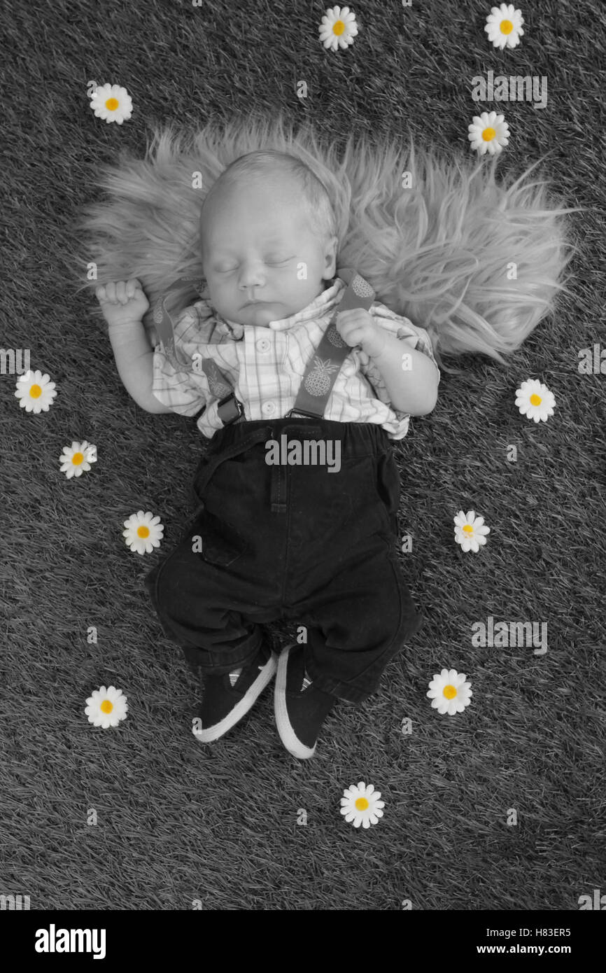 Neugeborenes Baby boy Schlafen auf Gras Stockfoto