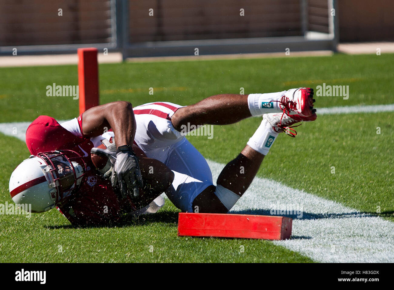 September 4, 2010; Stanford, CA, USA; Stanford Cardinal wide receiver Doug Baldwin (89) Tauchgänge innerhalb der Endzone einen Touchdown gegen die Sacramento Zustand-Hornissen Ergebnis im ersten Quartal bei Stanford Stadium zu. Stockfoto