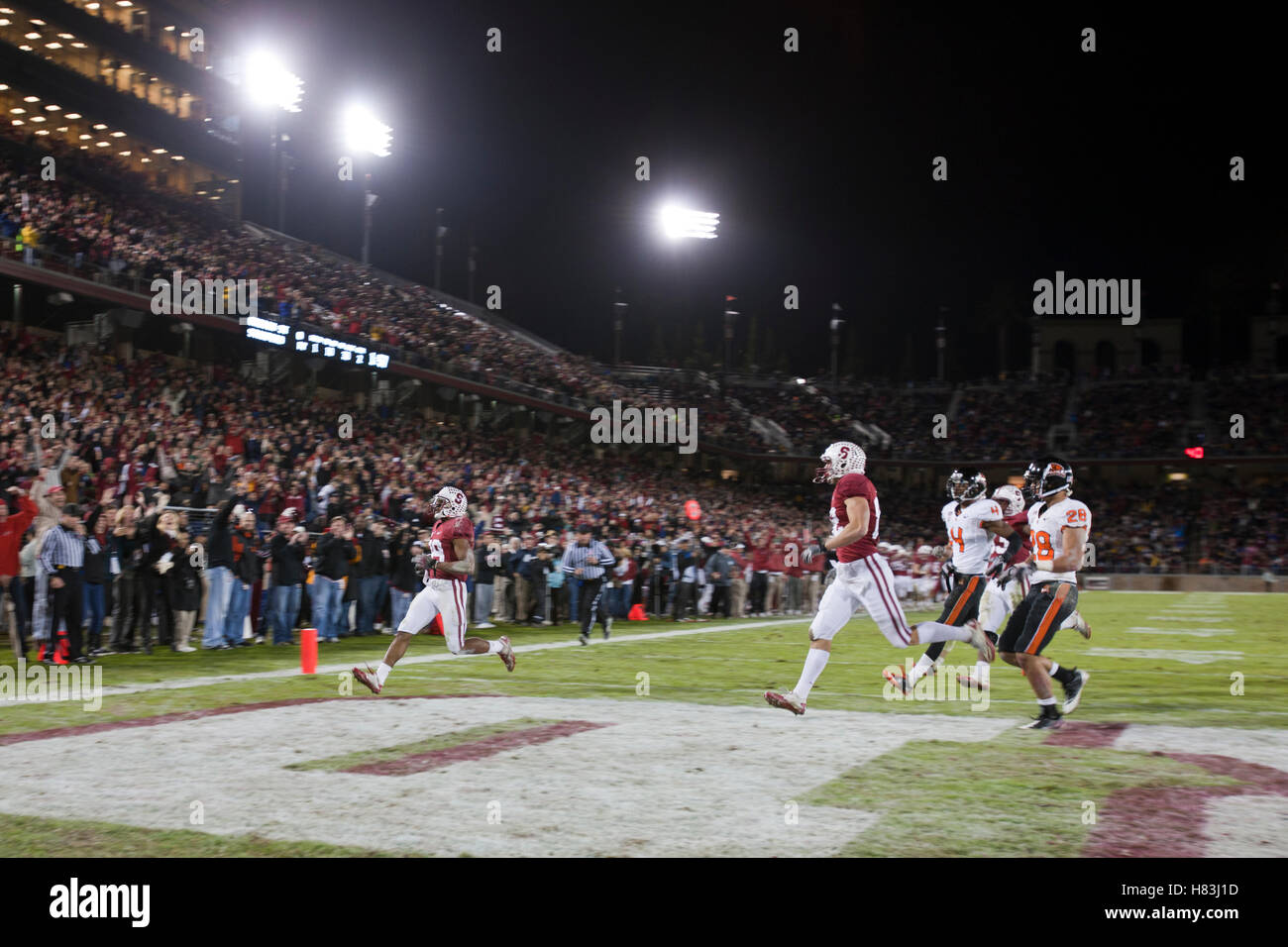 November 27, 2010, Stanford, CA, USA; Stanford Kardinal wide receiver Doug Baldwin (links) zählt einen Touchdown gegen die Oregon State beavers im zweiten Quartal an der Stanford Stadium. Stockfoto