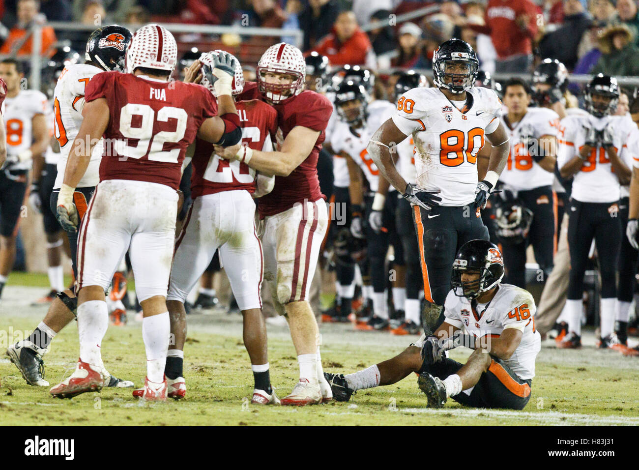 27. November 2010; Stanford, CA, USA;  Stanford Cardinal Sicherheit Delano Howell (26) ist von Teamkollegen gratulierte, nach der Genesung von einem Fumble von Oregon State Beavers Wide Receiver Aaron Nichols (46) im vierten Quartal bei Stanford Stadium.  Stanford-de Stockfoto