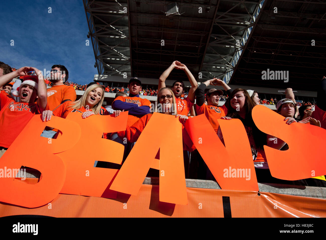 4. Dezember 2010; Corvallis, OR, USA;  Oregon State Beavers Fans jubeln auf der Tribüne vor dem Spiel gegen die Oregon Ducks Orchesterprobe Stadium. Stockfoto