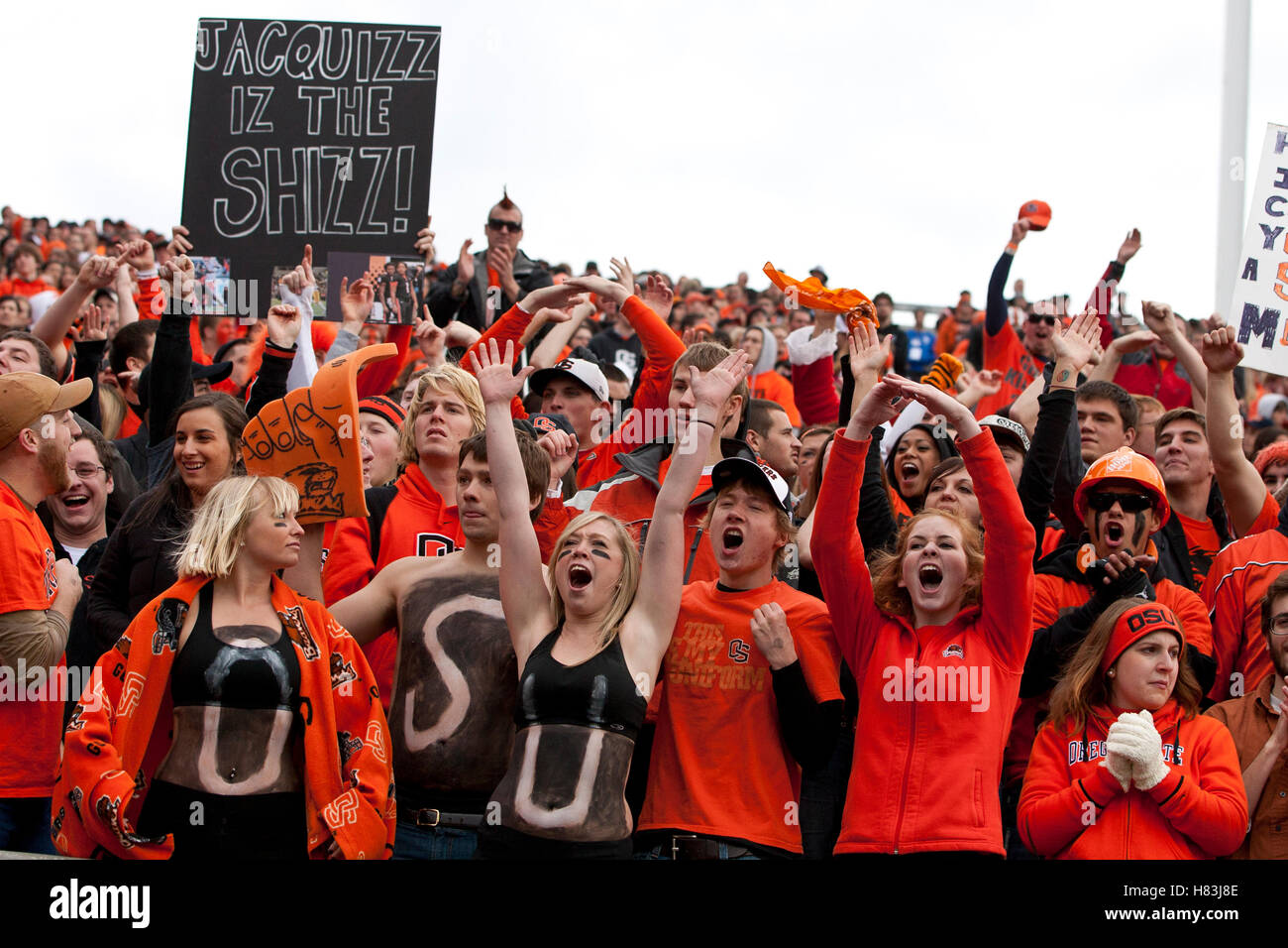 4. Dezember 2010; Corvallis, OR, USA;  Oregon State Beavers Fans jubeln auf der Tribüne im zweiten Quartal an den Oregon Ducks Orchesterprobe Stadium. Stockfoto