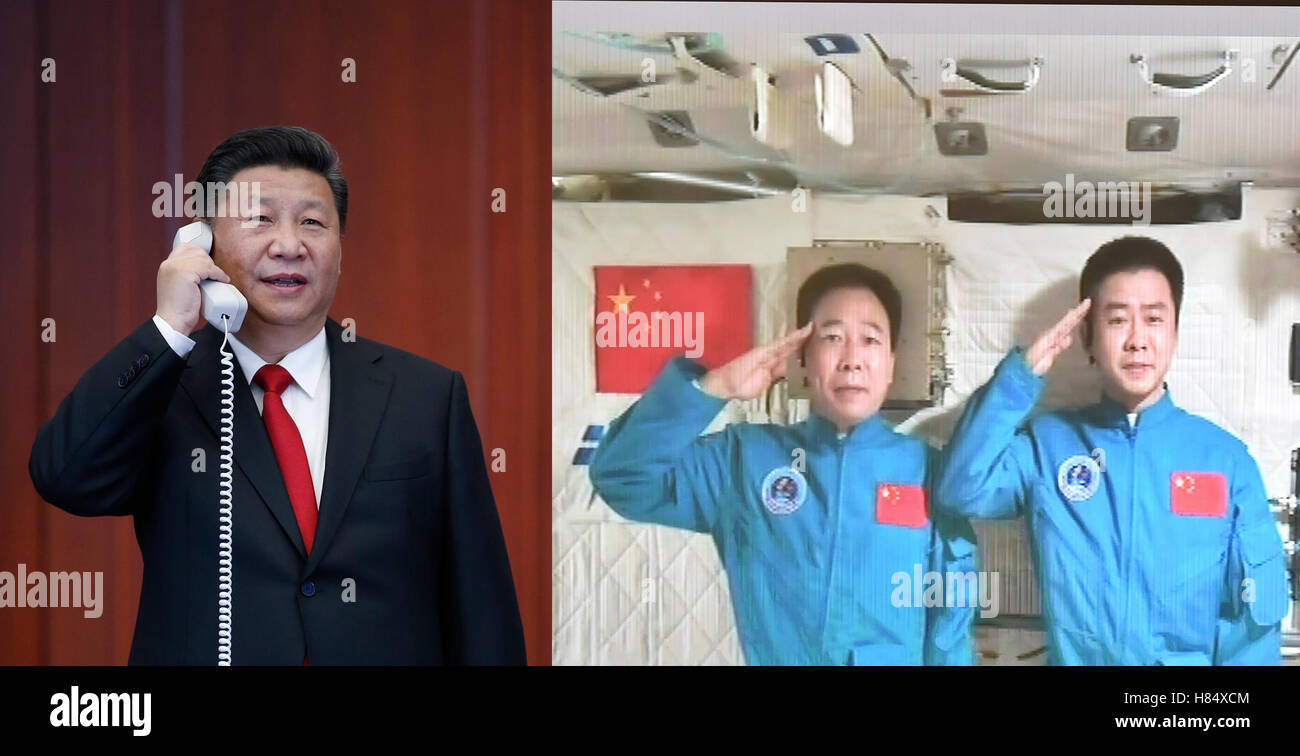 Peking, China. 9. November 2016. Kombination Foto am 9. November 2016 zeigt chinesischen Präsidenten Xi Jinping (L) Gespräche mit den beiden Astronauten, Jing Haipeng und Chen Dong, in das Weltraumlabor Tiangong-2, in der Befehl Mitte Chinas bemannte Raumfahrtprogramm in Peking, Hauptstadt von China. Bildnachweis: Ju Peng/Li Tao/Xinhua/Alamy Live-Nachrichten Stockfoto