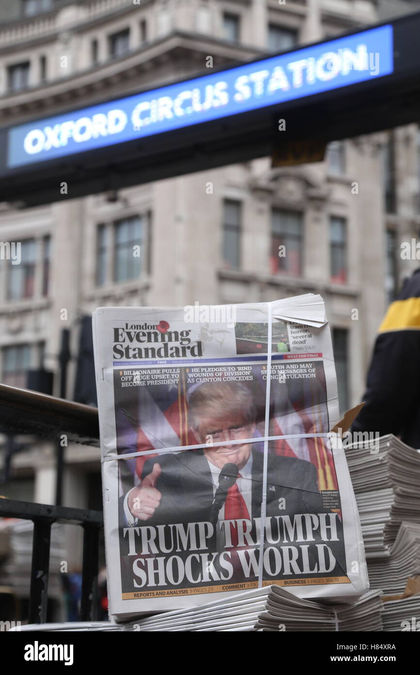 London Evening Standard kündigt den Sieg von Donald Trump auf ihrer Titelseite auf dem Display in der Londoner Oxford Street. Stockfoto