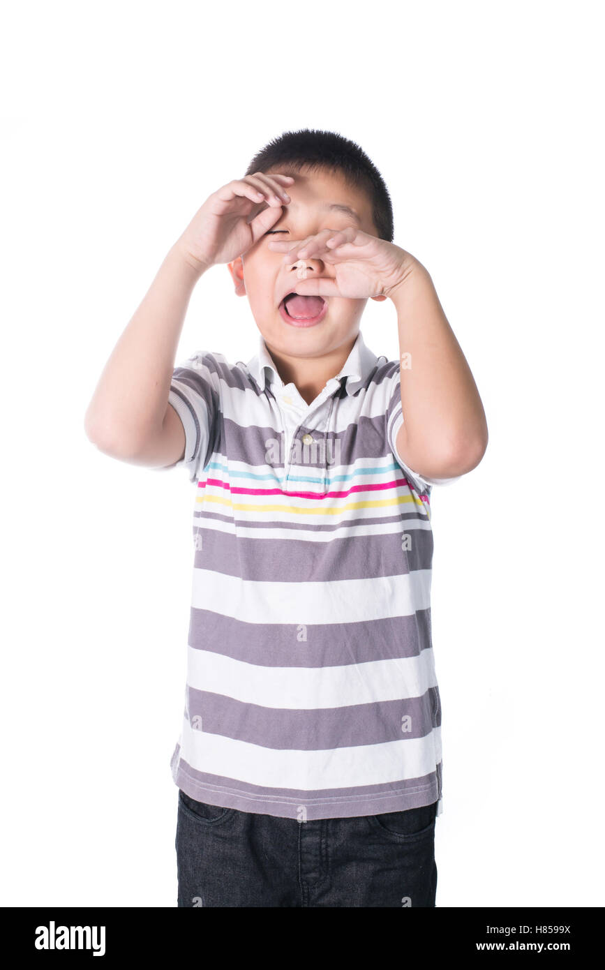 Asiatische zurückgeblieben geistig junge Problem traurig und weint isoliert auf weißem Hintergrund. Stockfoto