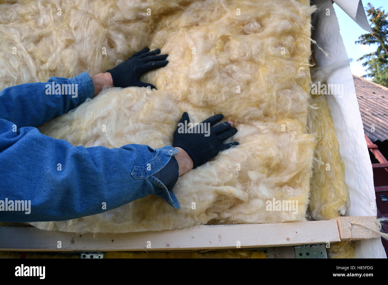 Baumeister Hände tragen Handschuh isolierende Holzhaus mit Mineralwolle Stockfoto