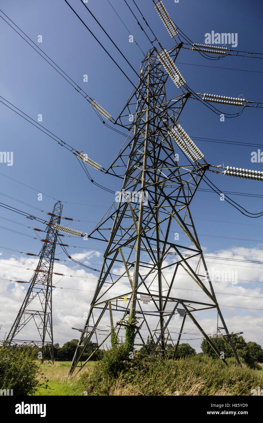 Zwei Strommasten in der englischen Landschaft an einem Sommertag Stockfoto