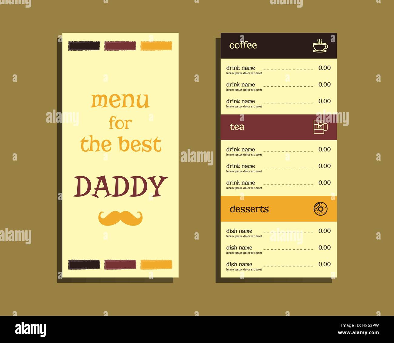 Restaurant und Café-Menü. Väter Tag Thema. Flaches Design. Mit Schnurrbart und Krawatte Elementen. Am besten für thematische Party. Auf hellen Hintergrund isoliert. Vektor-illustration Stock Vektor