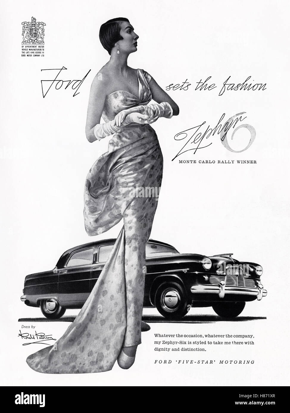 1950 Werbung Werbung von original alten Vintage 50s englische Magazin datiert 1953 Werbung für Ford Zephyr 6 durch königliche Ernennung Stockfoto