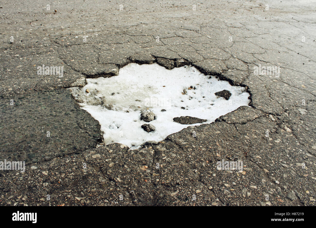 Große Grube auf der alten Straße im winter Stockfotografie Alamy