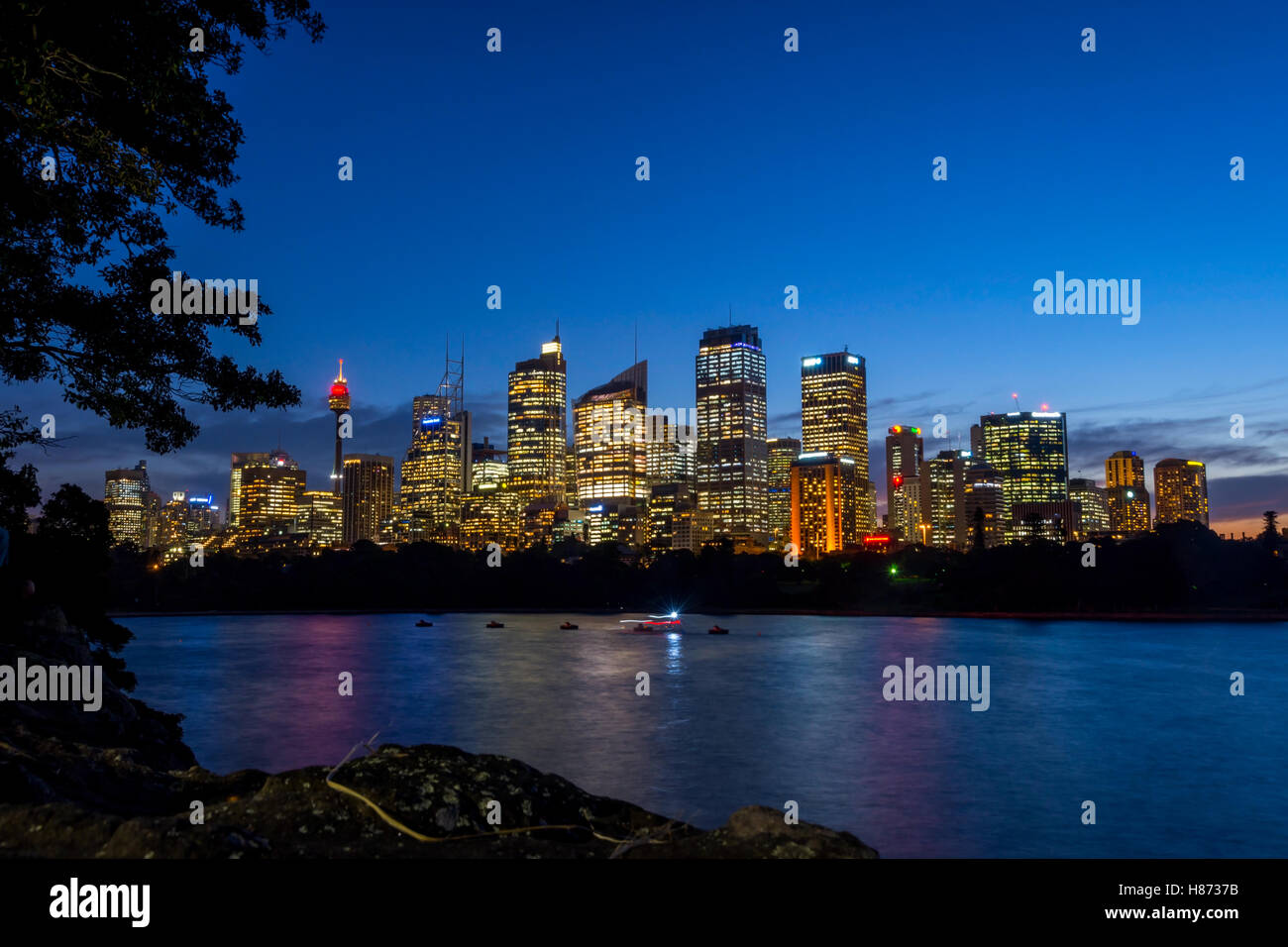 Blick auf die Skyline von Sydney bei Nacht, lange Exposition Stockfoto