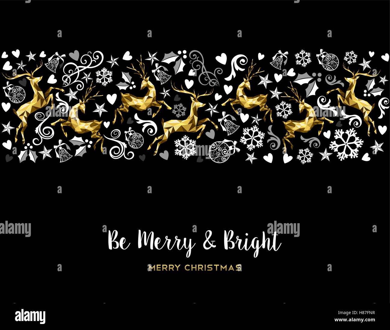 Frohe Vintage Musterdesign Karte Weihnachtsdekoration mit gold low-Poly-Hirsch und Urlaub-Ornamenten. EPS10 Vektor. Stock Vektor