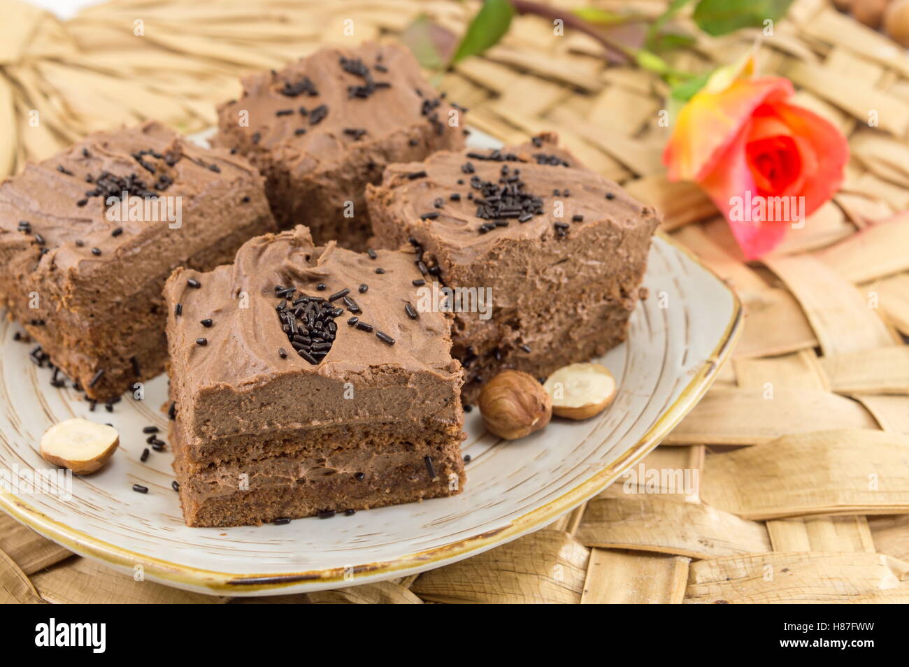 Haselnusskuchen mit Schokoladencreme auf einem Teller abgedeckt Stockfoto