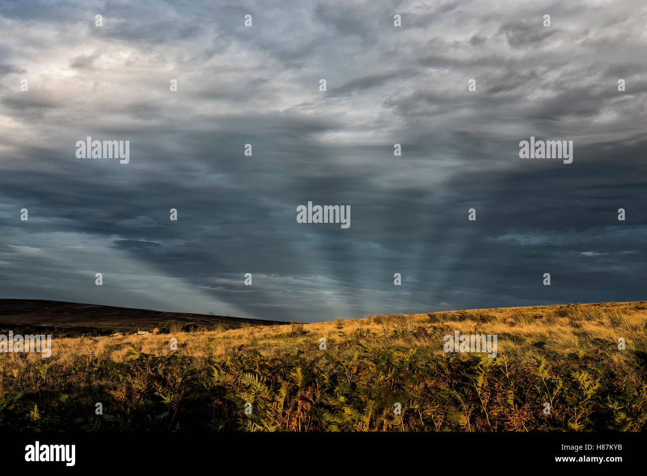 Anticrepuscular oder genau Strahlen, ein seltenes Wetterphänomen, die oft über das Meer, aber dieses Mal in North Yorkshire. Stockfoto