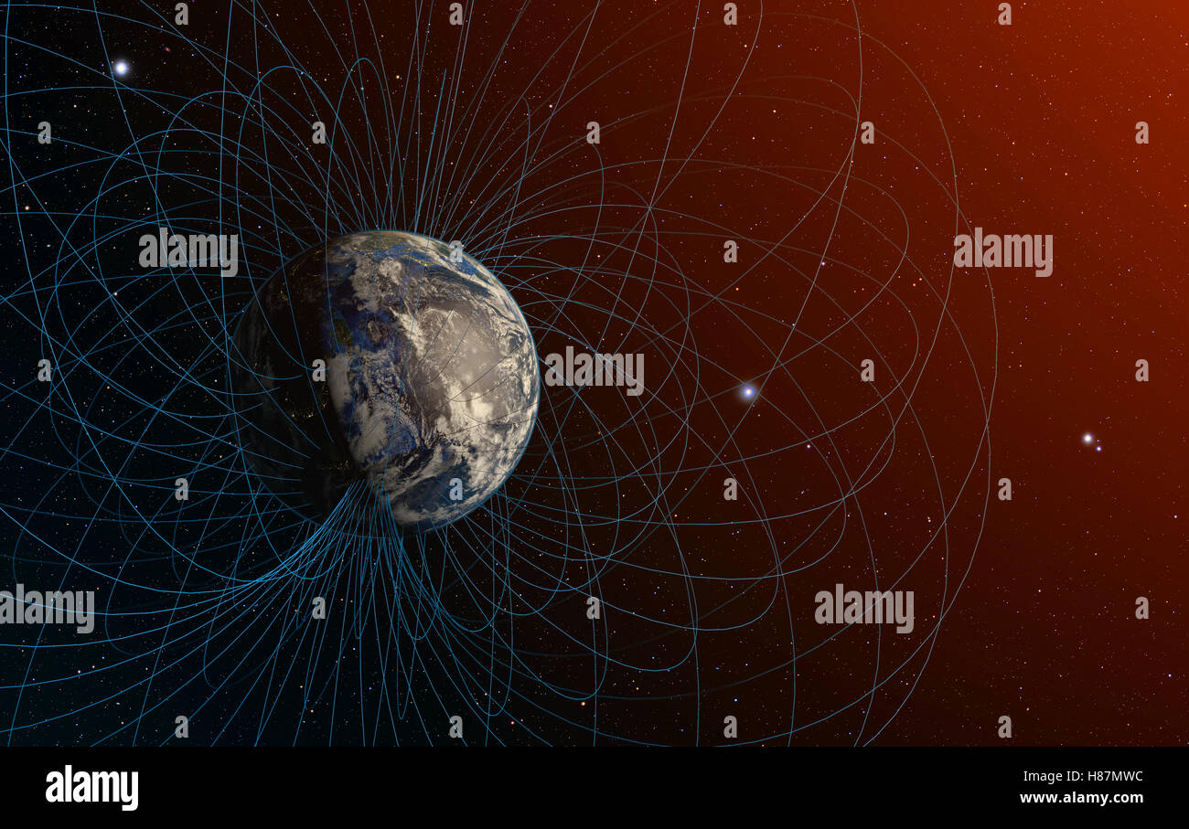 3D-Rendering des Planeten das Erdmagnetfeld. Stockfoto