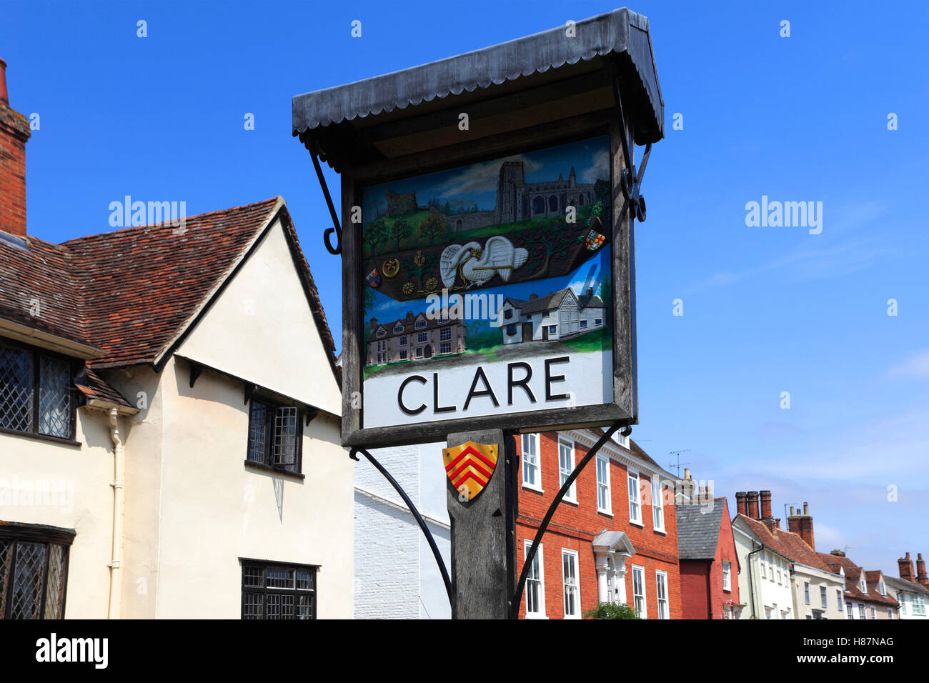 Clare Ortsschild, Suffolk County, England, UK Stockfoto