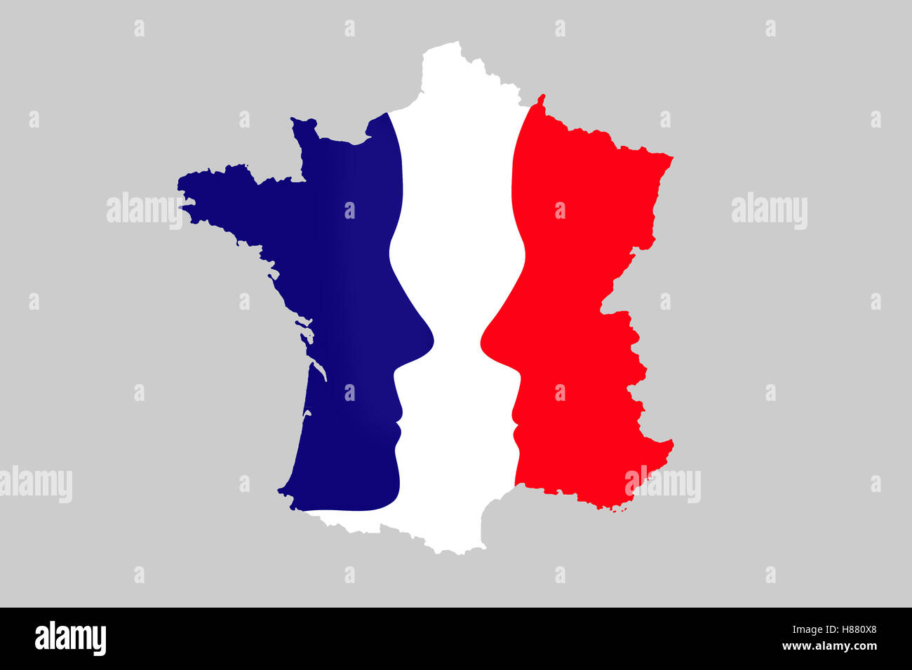 Wahlen in Frankreich-Konzept, Karte von Frankreich mit 2 Gesichtern Stockfoto