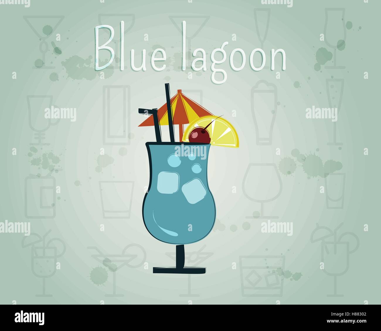 Blue Lagoon Cocktail. Sommer stilvolles Design. Auf ungewöhnlichen Hintergrund isoliert. Vektor-illustration Stock Vektor