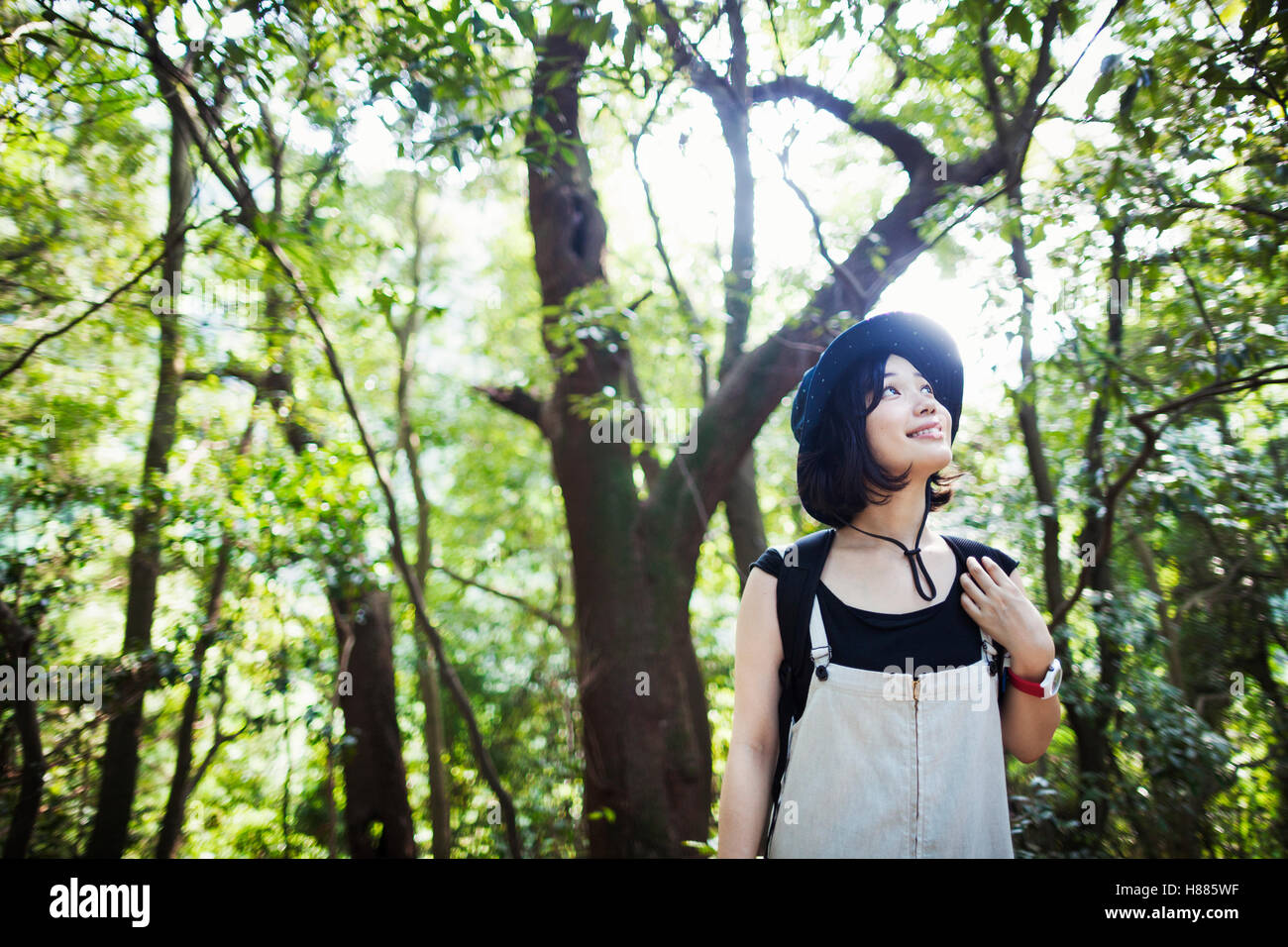 Junge Frau in einem Wald. Stockfoto