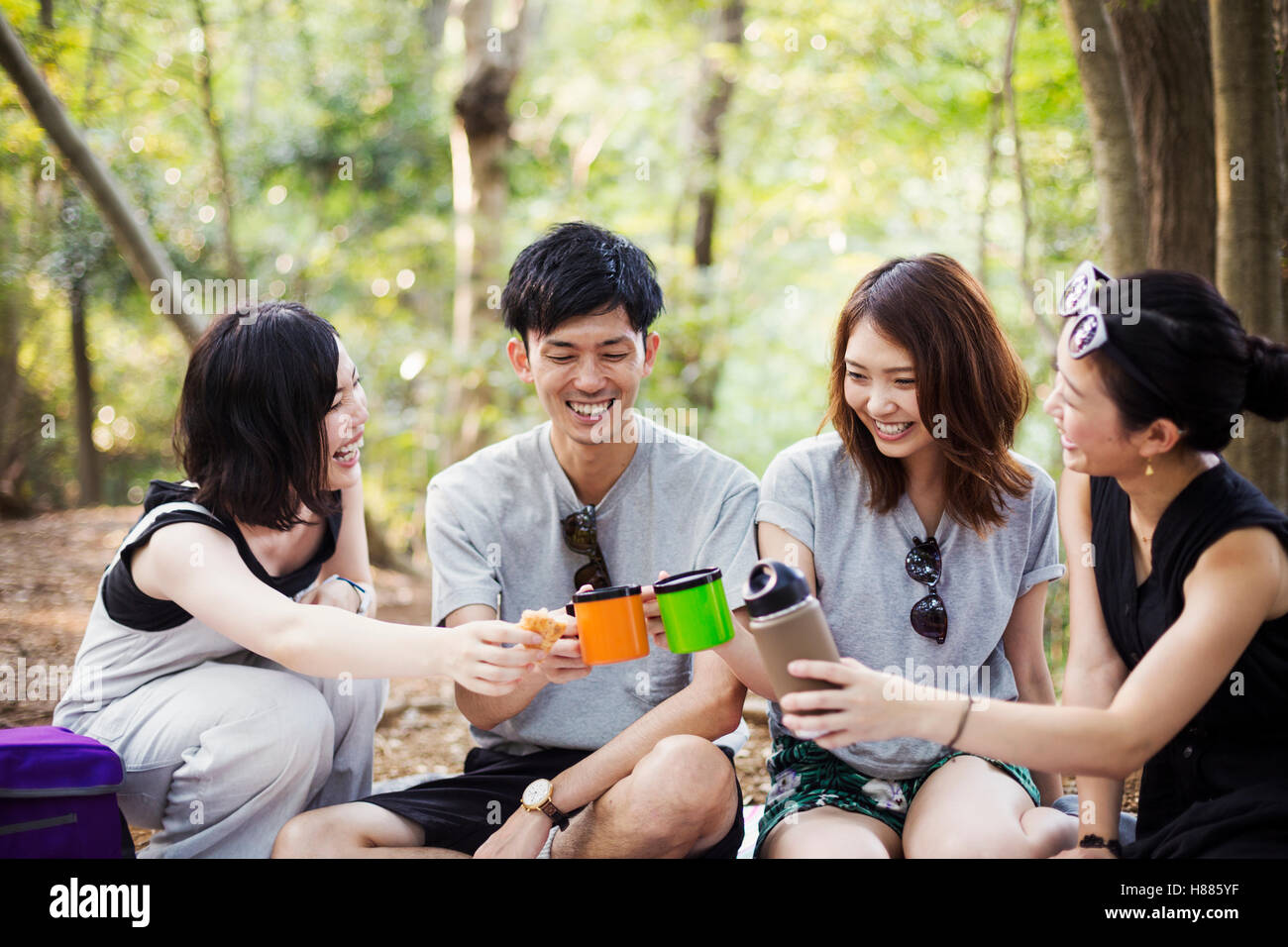 Drei junge Frauen und ein Mann sitzt in einem Wald. Stockfoto