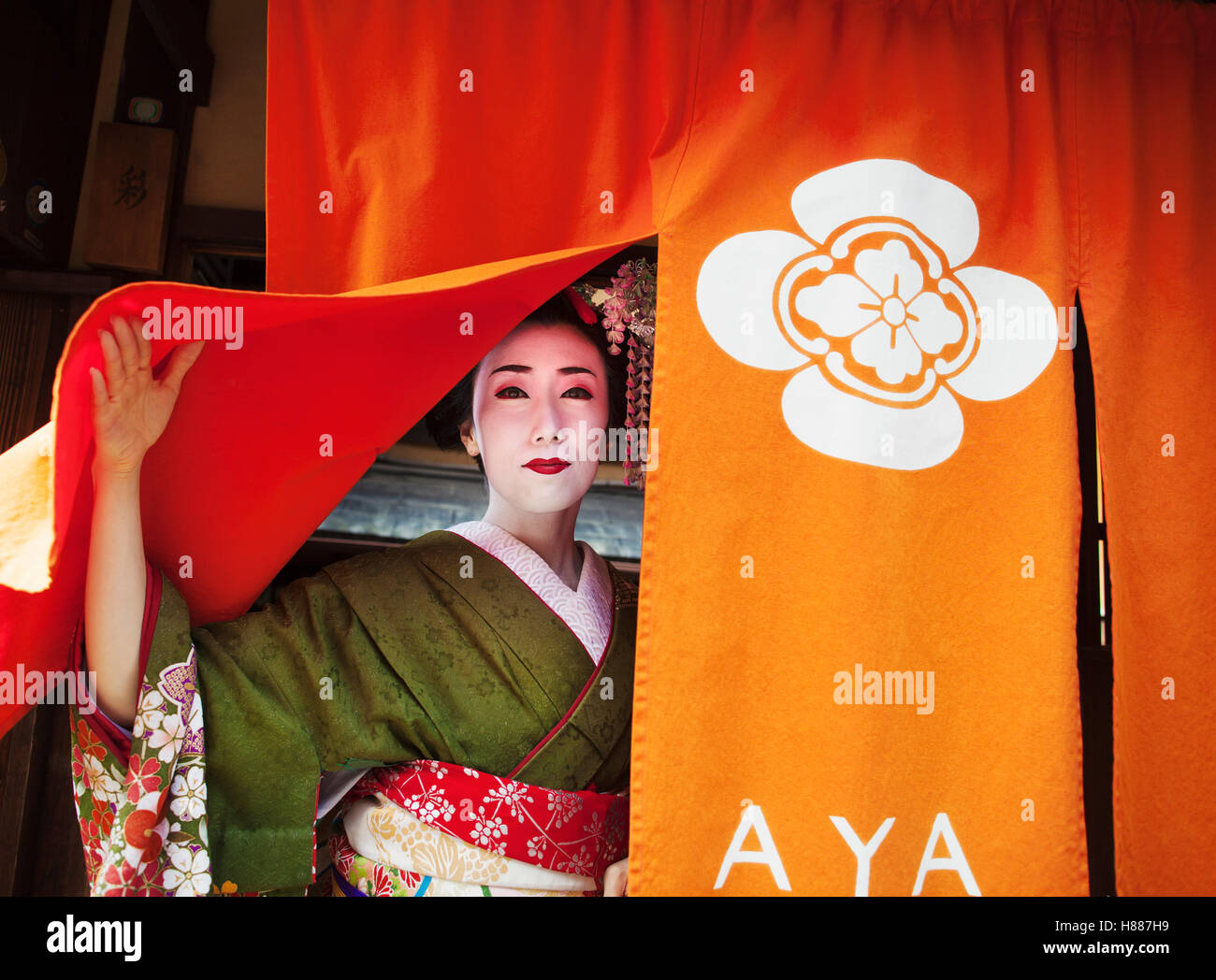 Eine Geisha aus einer Tür heben Sie den Vorhang im traditionellen Kimono und Make-up. Stockfoto
