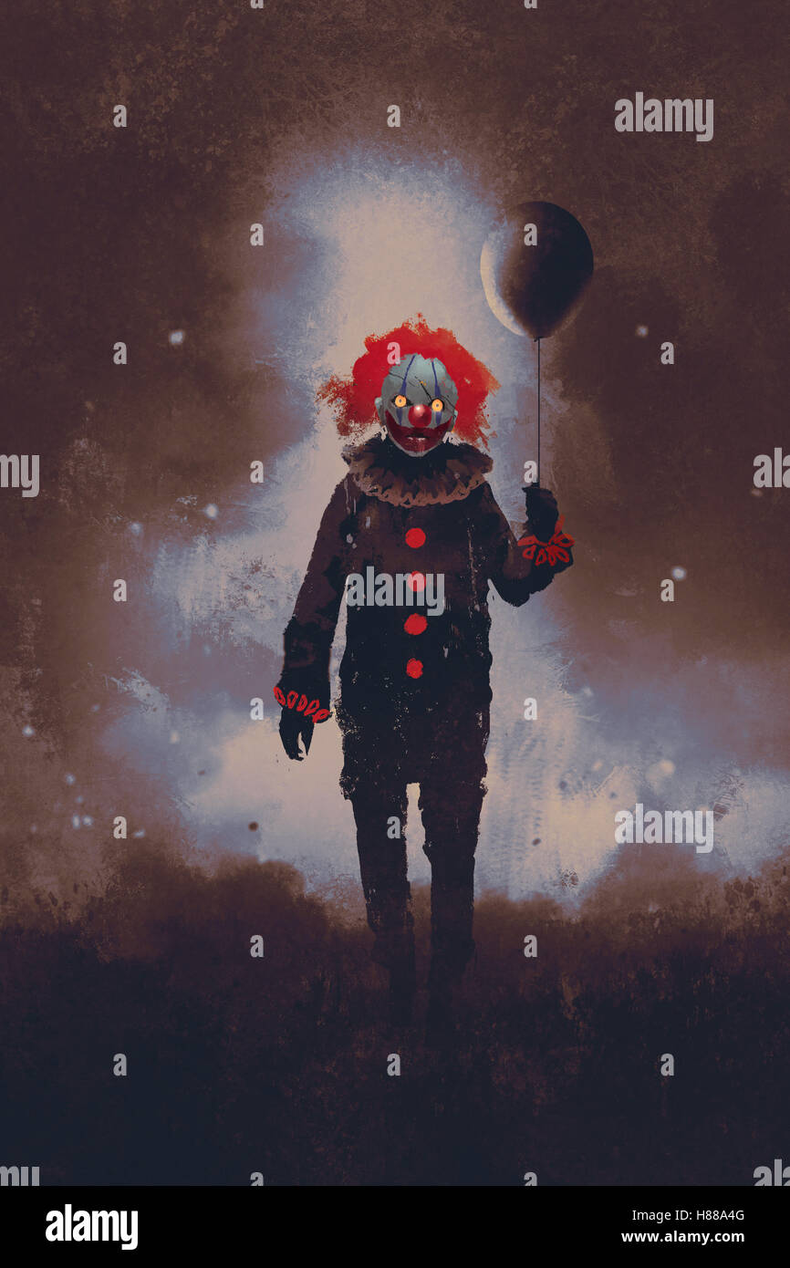 böser Clown stehend mit einem schwarzen Ballon vor einem dunklen Hintergrund, Illustration, Malerei Stockfoto