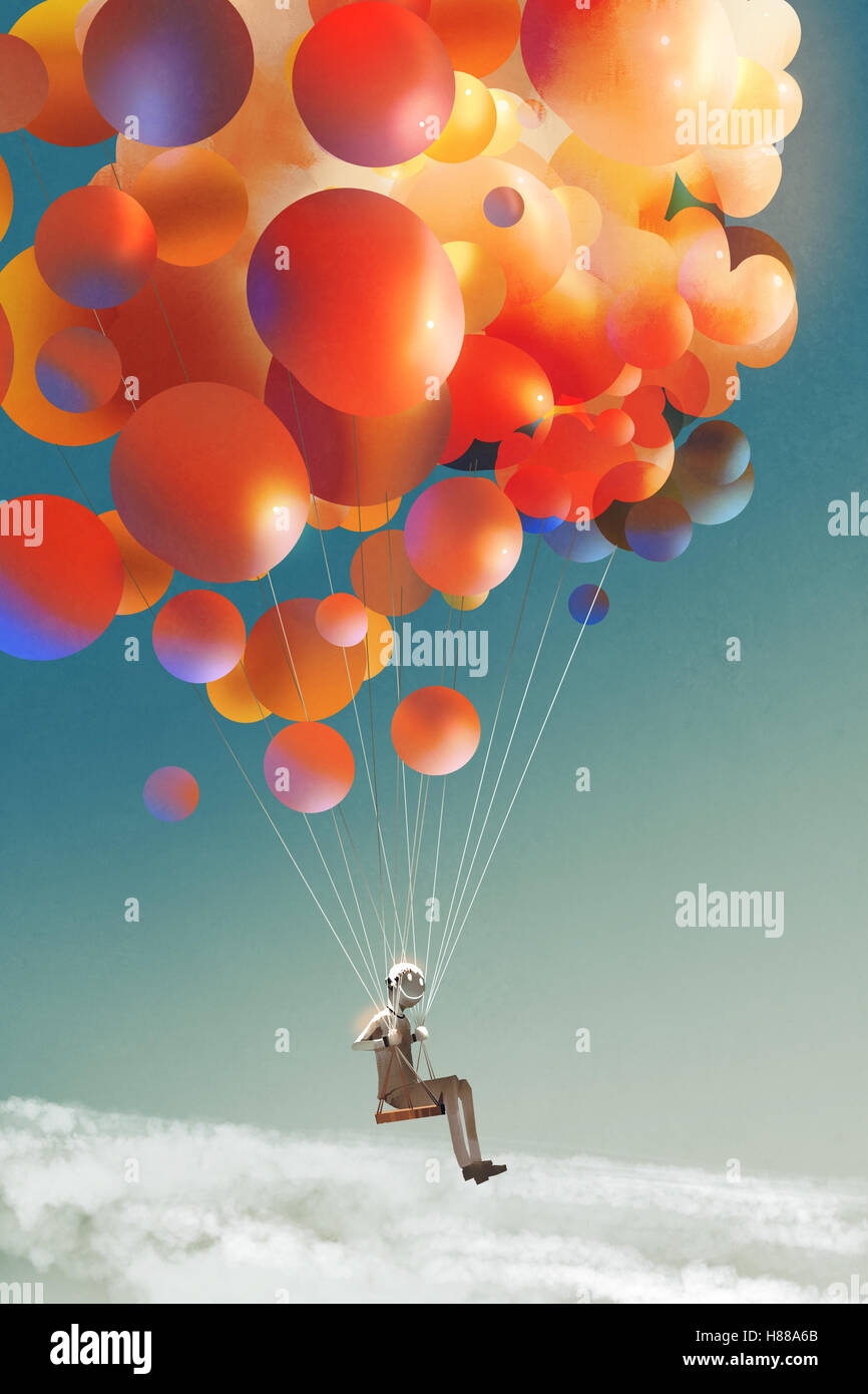 Himmel Reisender, Mann schwimmende mit bunten Luftballons am Himmel, digitale Illustration Malerei Stockfoto