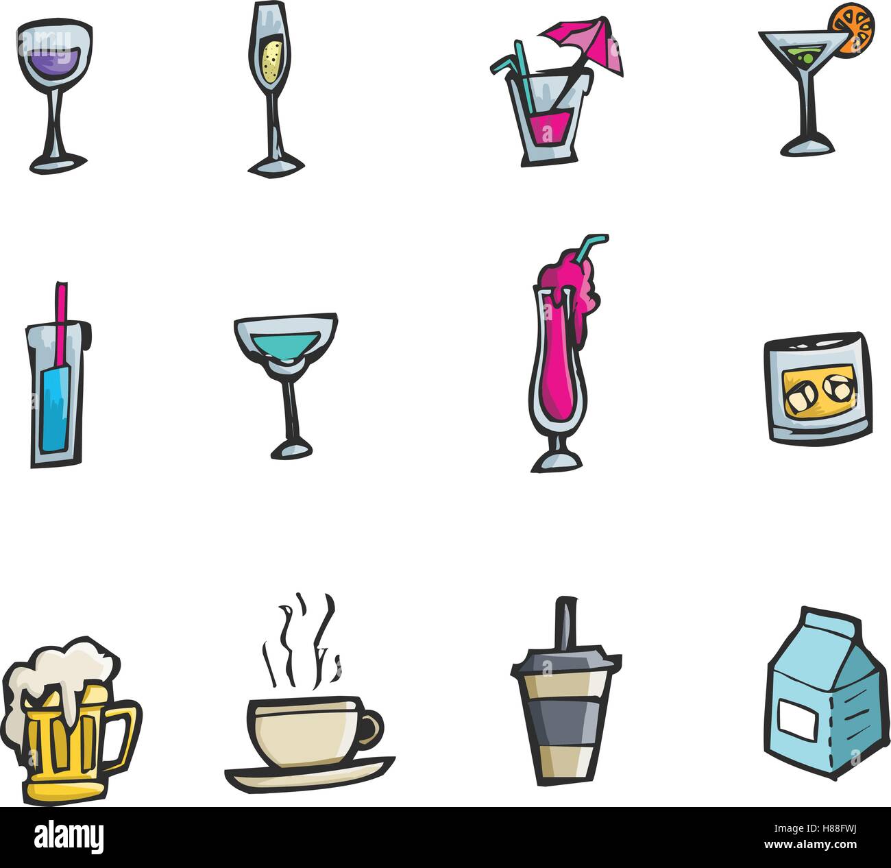 Bunte handgezeichnete Cartoon Stil Alkohol Drinks und Cocktails Icon-set Stock Vektor