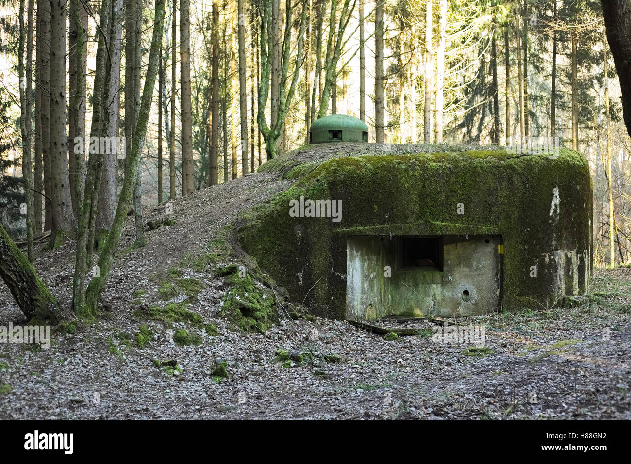 Französischen bunker Ruine in der Nähe Langensoultzbach, Vogesen, Frankreich. Es wurde vor dem zweiten Weltkrieg als Teil der Maginot-Linie gebaut. Stockfoto