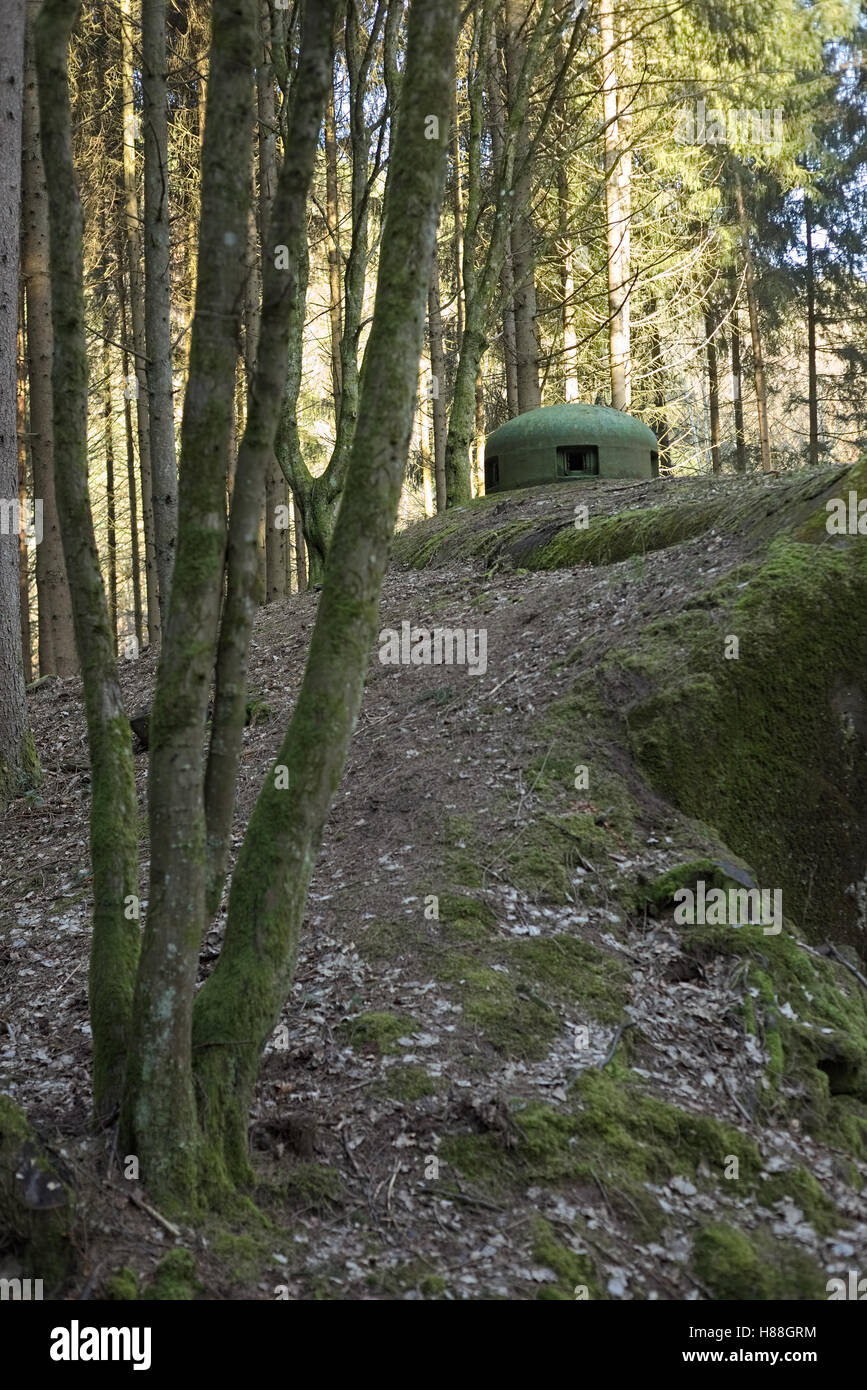 Französischen bunker Ruine in der Nähe Langensoultzbach, Vogesen, Frankreich. Es wurde vor dem zweiten Weltkrieg als Teil der Maginot-Linie gebaut. Stockfoto