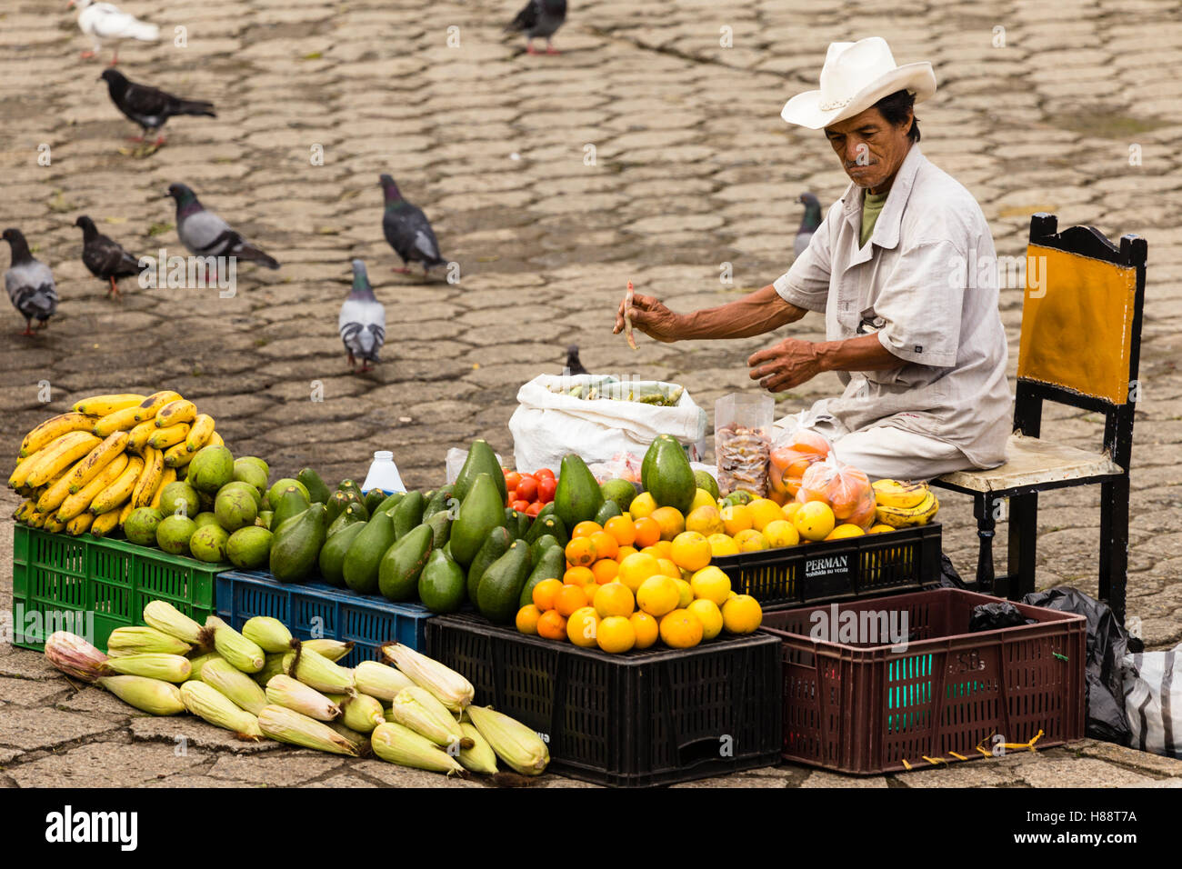 Mann, Verkauf von Obst und Gemüse auf der Straße, Antioquia, Kolumbien Stockfoto