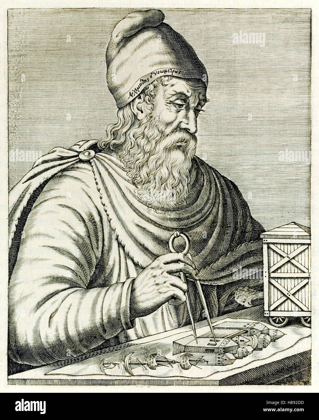 Antike griechische Mathematiker Archimedes von Syrakus (287-212BC), Physiker, Ingenieur, Erfinder und Astronom von "Echten Porträts..." von André Thévet veröffentlicht im Jahre 1584. Siehe Beschreibung für mehr Informationen. Stockfoto