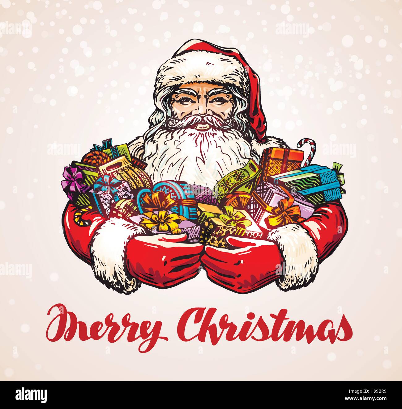 Weihnachten. Weihnachtsmann mit Geschenken in Händen. Vektor-illustration Stock Vektor