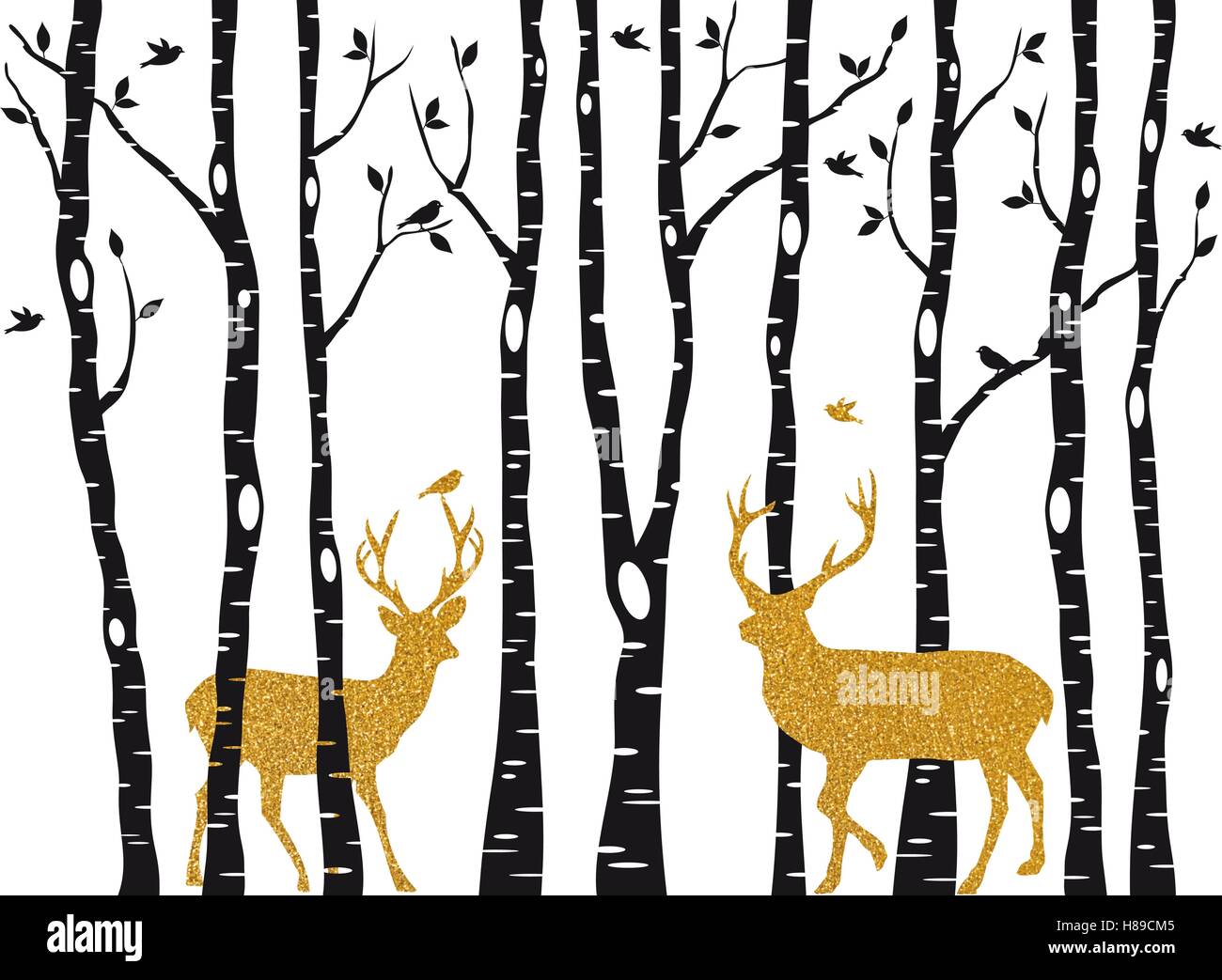 Weihnachtskarte mit goldenen Rentier im Birkenwald Bäume auf weißem Hintergrund, Vektor-illustration Stock Vektor