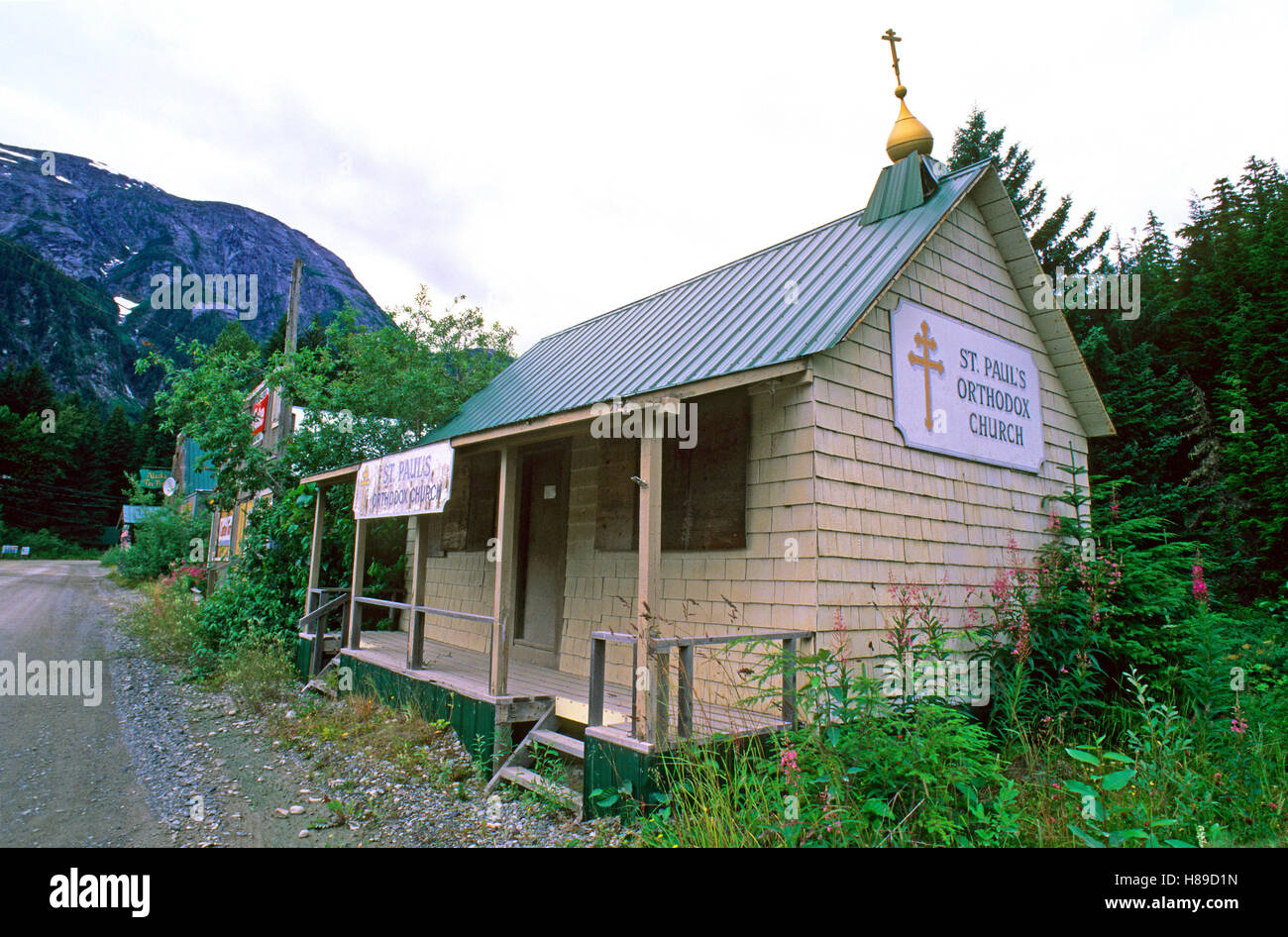 Verlassene alte Kirche in Hyder, Alaska, USA Stockfoto