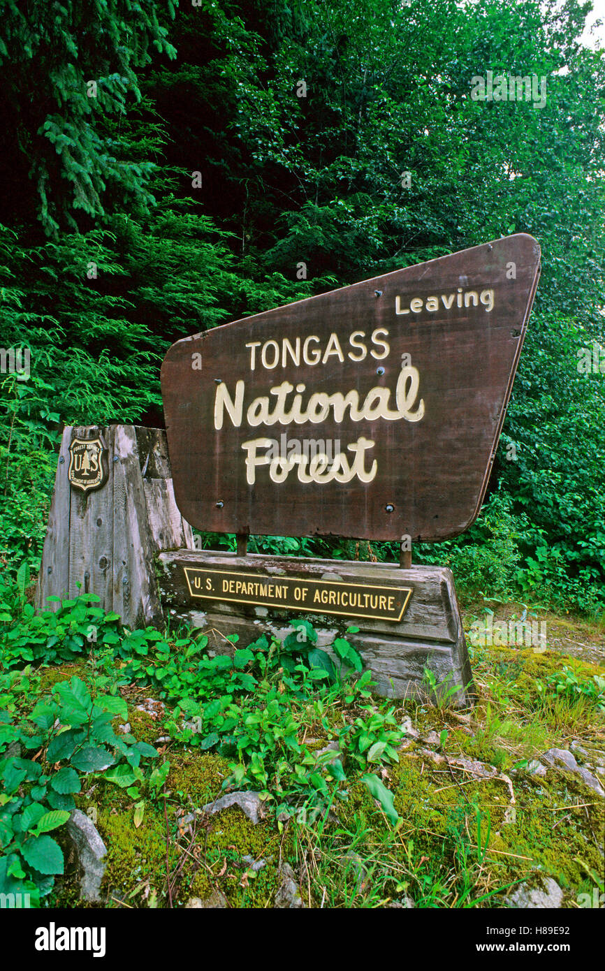 Holzschild in TheTongass National Forest in Hyder, Alaska, USA Stockfoto