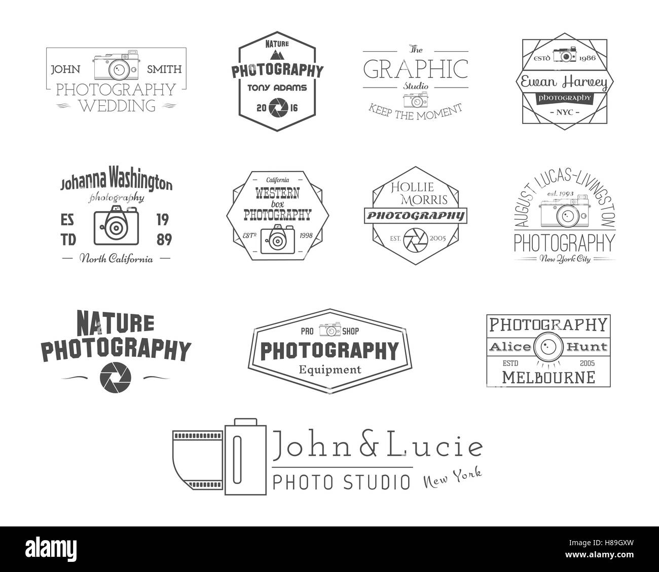 Fotografie-Abzeichen und Etiketten im Vintage-Stil. Einfache Linienführung. Retro-Thema für Fotostudio, Fotograf, Foto-Ausrüstung-Store. Zeichen, Logos. Vektor-illustration Stock Vektor