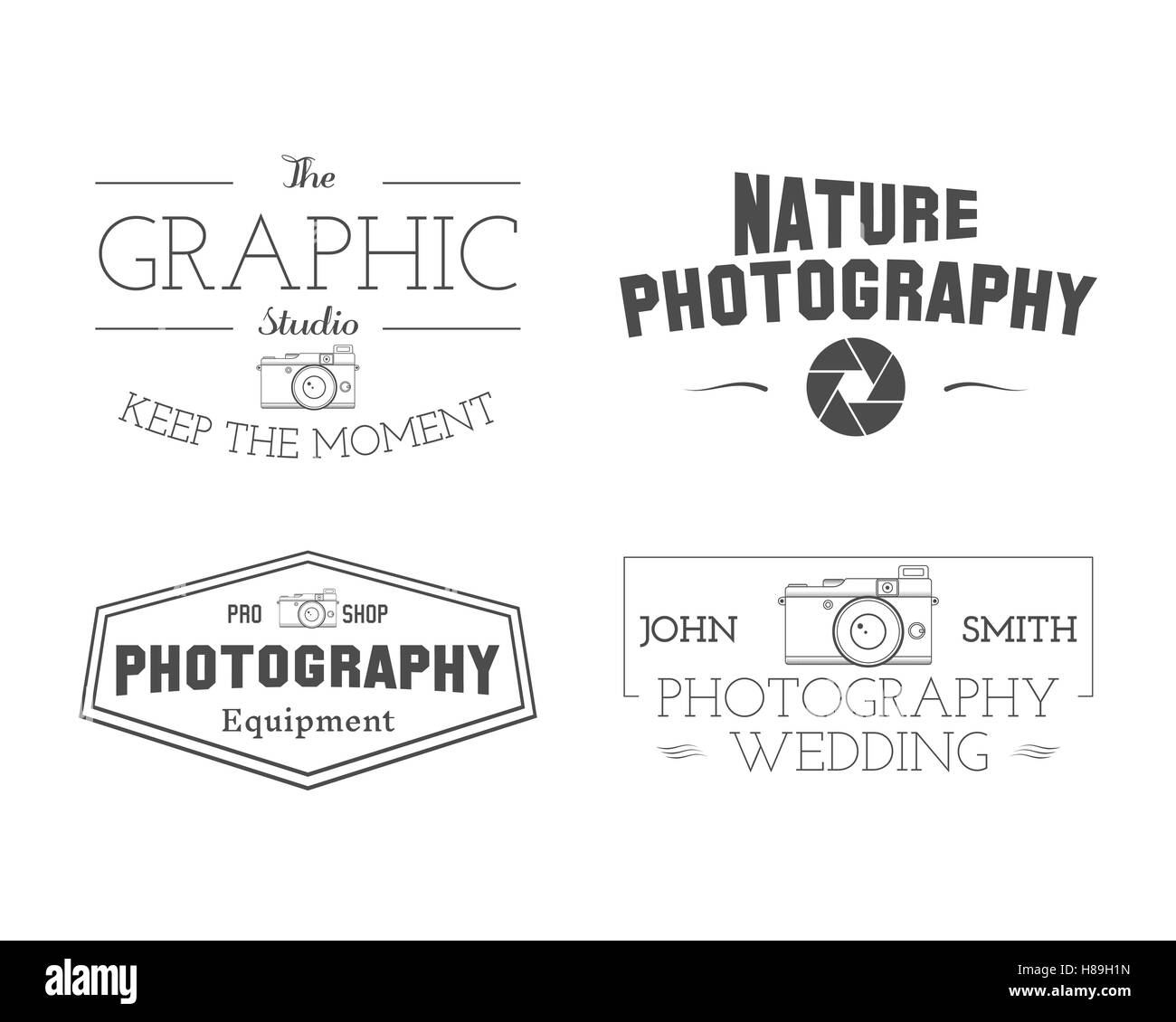 Fotograf-Abzeichen und Etiketten im Vintage-Stil. Einfache Linie, einzigartiges Design. Retro-Thema für Fotostudio, Fotografen, Ausrüstung Shop. Schilder, Logos, Insignien. Vektor-illustration Stock Vektor