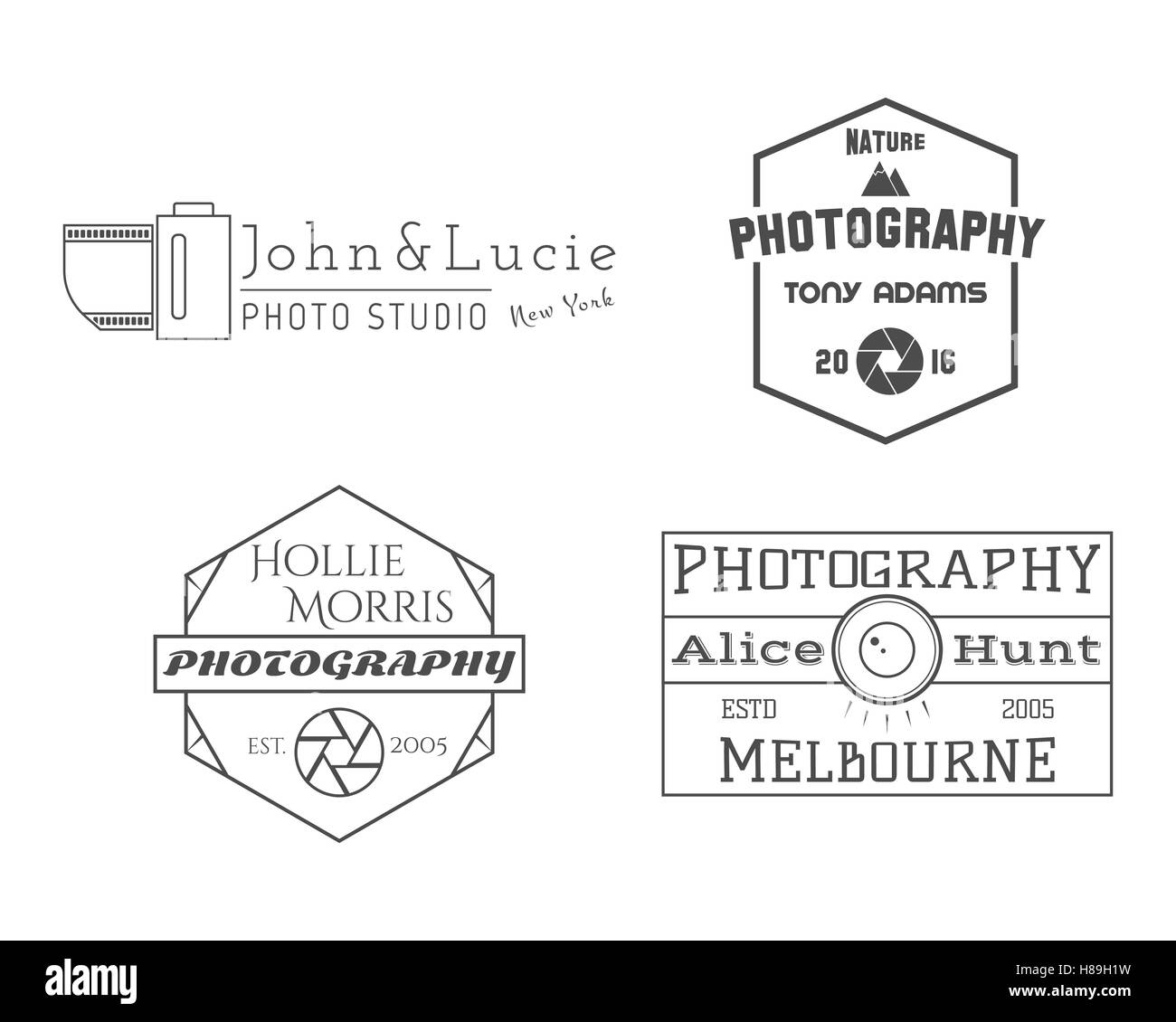 Fotograf-Abzeichen und Etiketten im Vintage-Stil. Einfache Linienführung. Retro-Thema für Fotostudio, Fotografen, Ausrüstung Shop. Schilder, Logos, Insignien. Vektor-illustration Stock Vektor