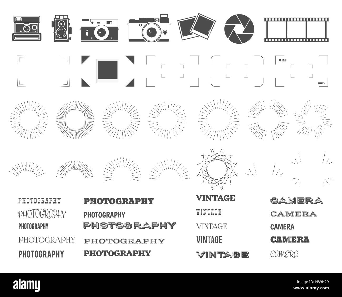Fotografie-Vintage und Retro-Symbole, Bänder, Frames, Sunburst Elemente. Machen Sie Ihre eigenen Symbole, Abzeichen, Etiketten-Satz. Vektor-alte Kamera-Logo-Vorlagen. Abbildung. Stock Vektor