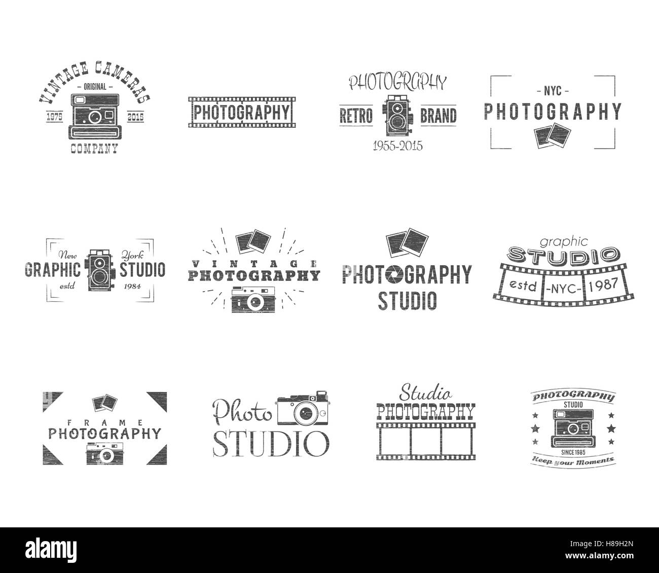 Vintage texturiert Fotografie Abzeichen, Etiketten. Monochrome Design mit stilvollen Kameras und Elemente. Retro-Stil für Fotostudio, Fotograf, Ausrüstung Shop. Zeichen, Logos. Vektor-illustration Stock Vektor