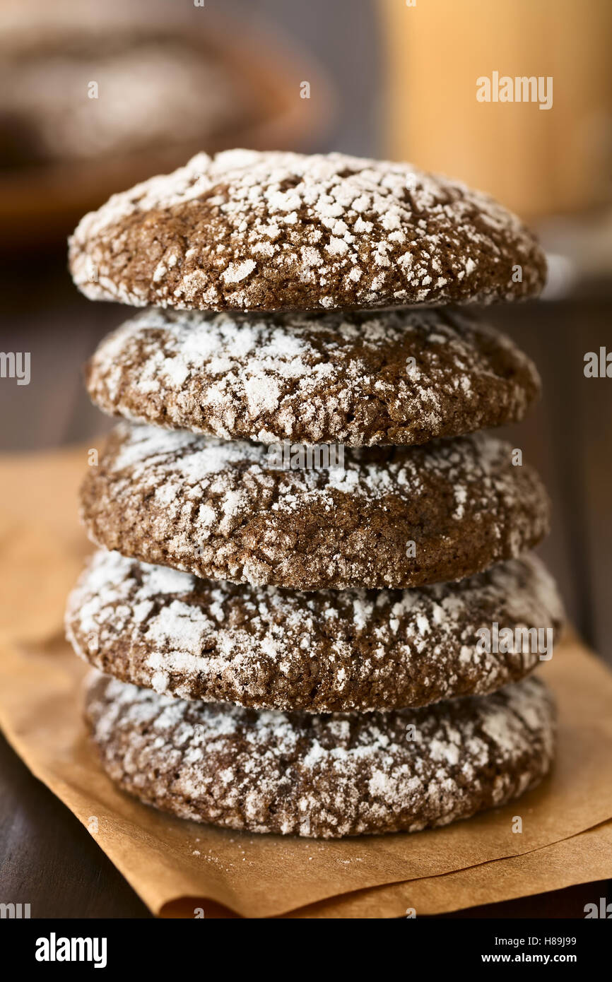 Schokolade Crinkle Cookies, traditionellen American Christmas Cookies, fotografiert mit natürlichem Licht (Tiefenschärfe) Stockfoto