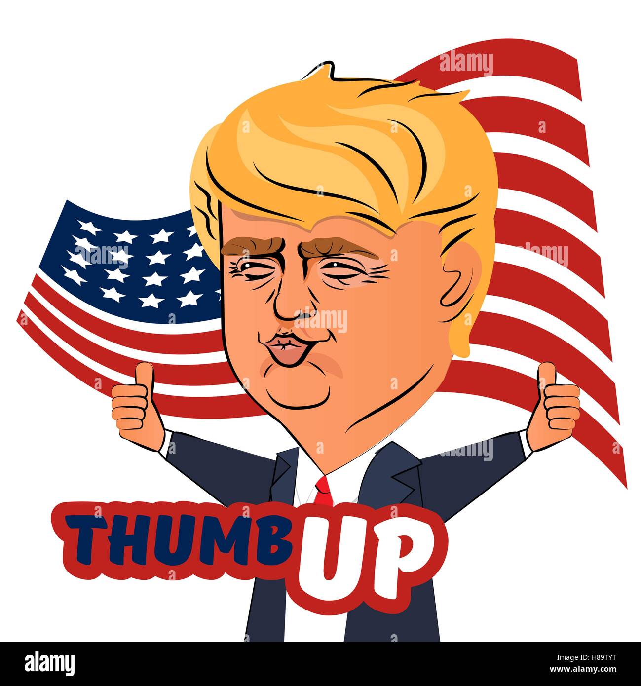 9. November 2016: Charakterporträt Donald Trump Daumen Rede zeigt Daumen oben mit amerikanischen Flagge. Positive Karikatur Politiker Stock Vektor